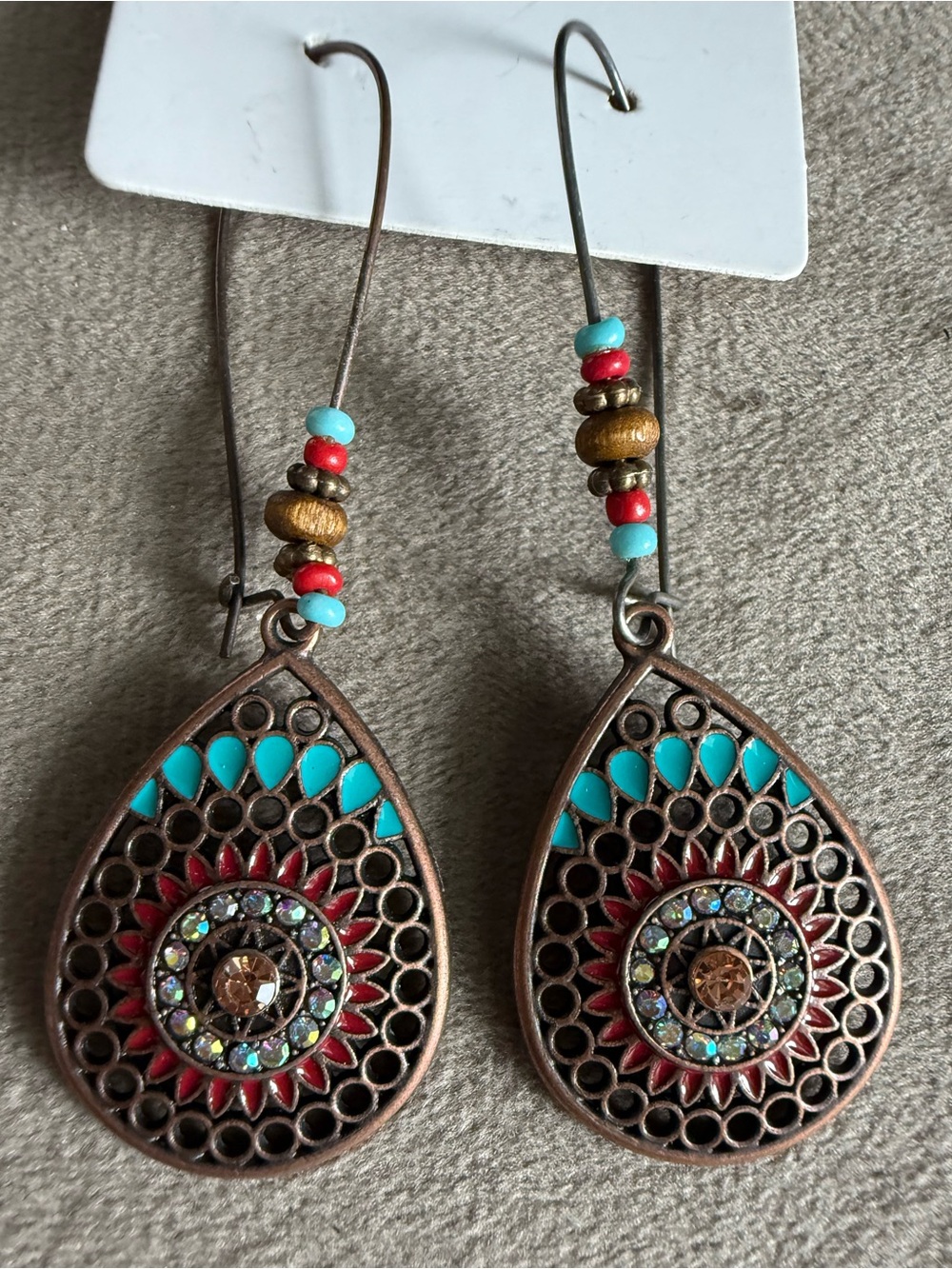 Boho Teardrop Dangle Earrings with Turquoise and Red Accents